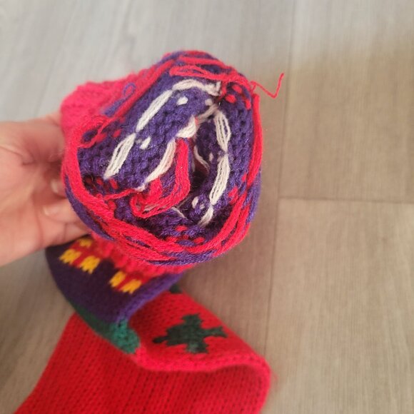 Vintage Hand Knit Christmas Stocking With Santa & Trees Design - Picture 5 of 6